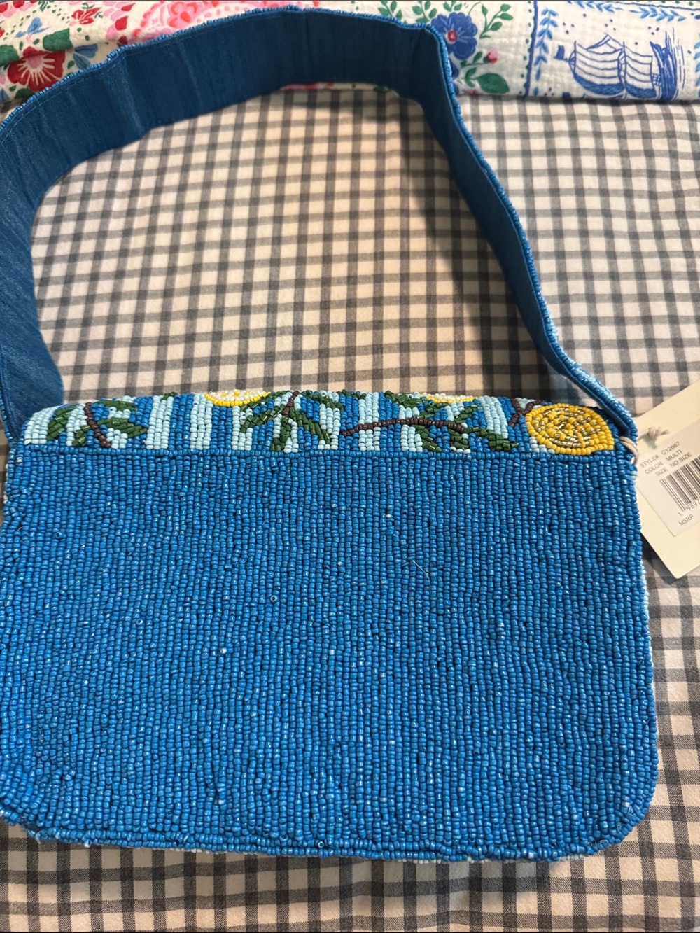 Hand-Beaded Blue Lemon Motif Shoulder Bag - Picture 3 of 6